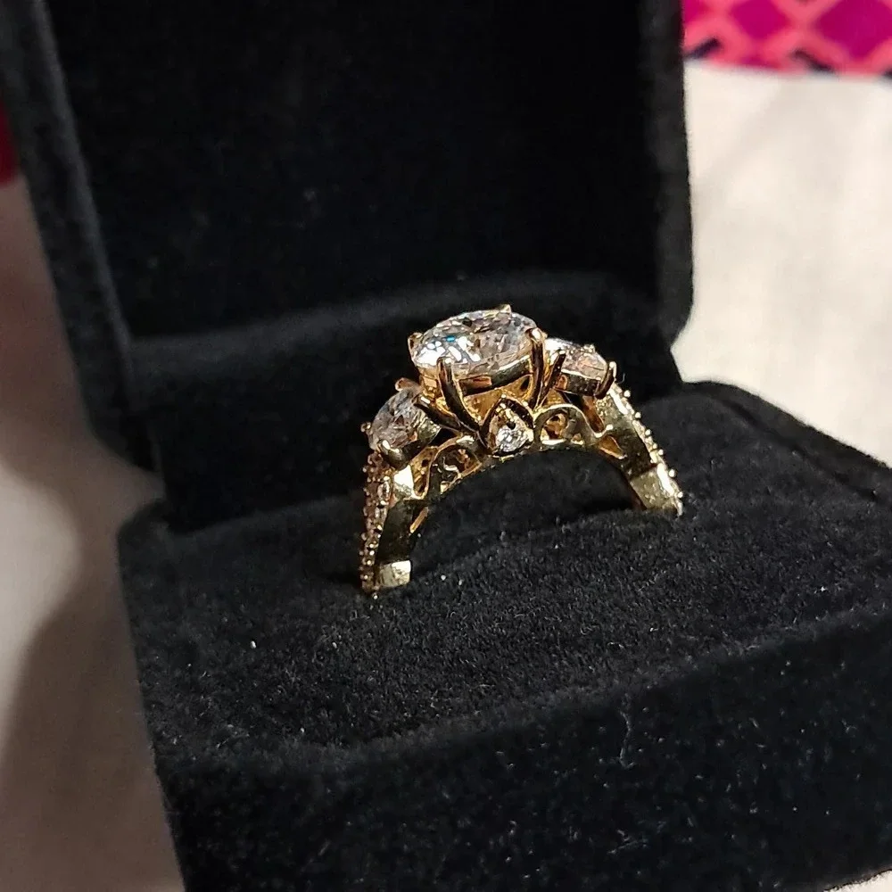 Genuine Moissanite Trilogy Ring In 14k YG Vermeil.